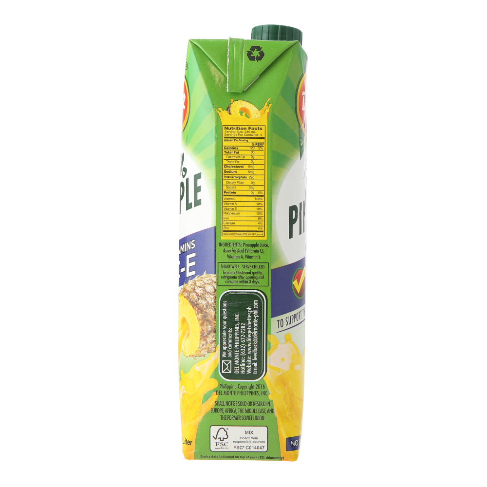 Del Monte 100% Pineapple Juice With Vitamins A C and E Tetra 1L