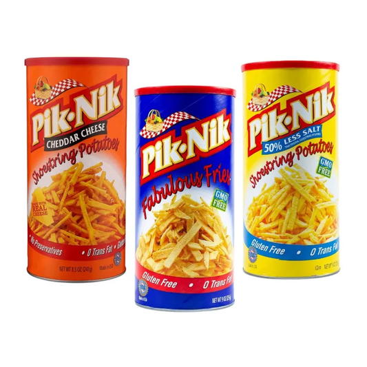 Pik-Nik 3in1 Party Bundle B (50% Less Salt, Cheddar Cheese Shoestring Potatoes, Fabulous Fries 9oz)