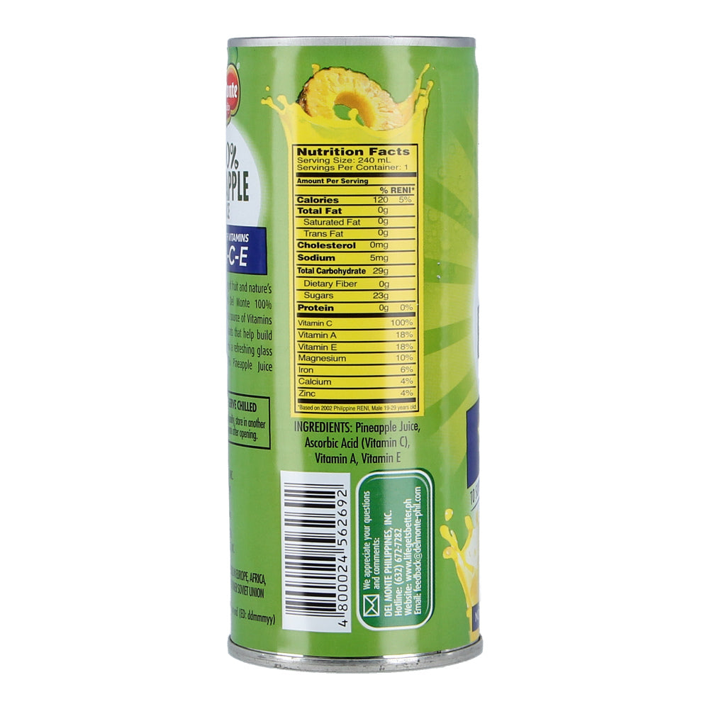 Del Monte 100% Pineapple Juice With Vitamins A C and E 240ml
